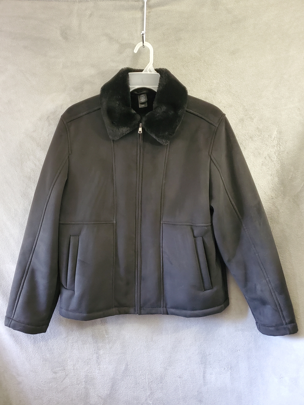 Claireborne Black Faux Suede Plush Lined Zip Coat